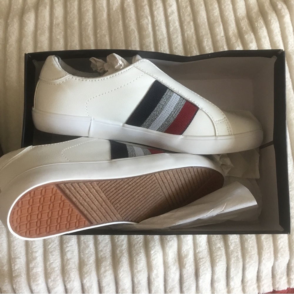 Nautica White Slip-On Sneakers with Red, Gray & Navy Stripes